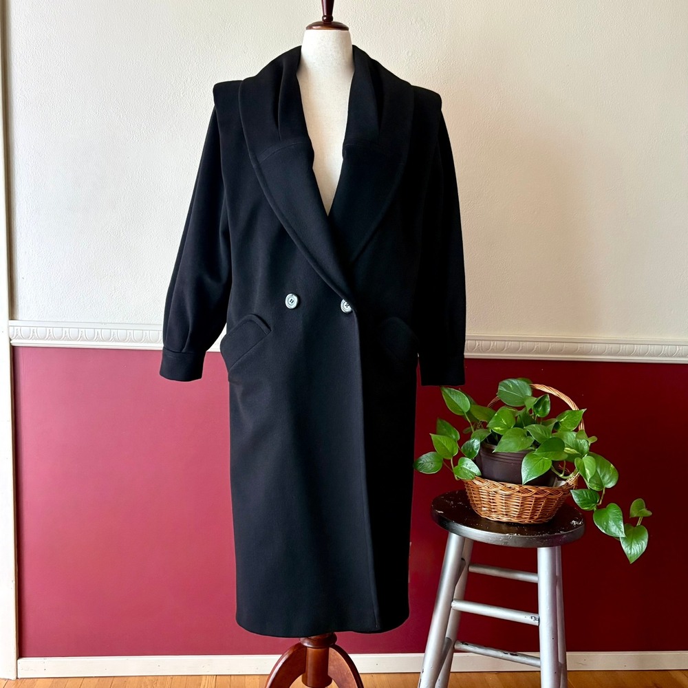 Vintage 80s Ashley Scott Petite Black Wool Coat Shawl Collar Double Breasted USA